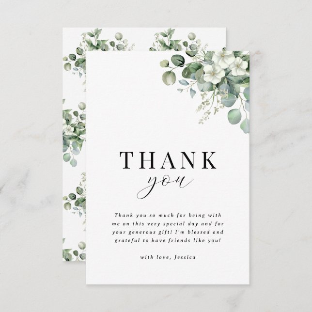 Tarjeta De Agradecimiento Chorro de novia floral acuarela eucalipto blanco (Anverso / Reverso)