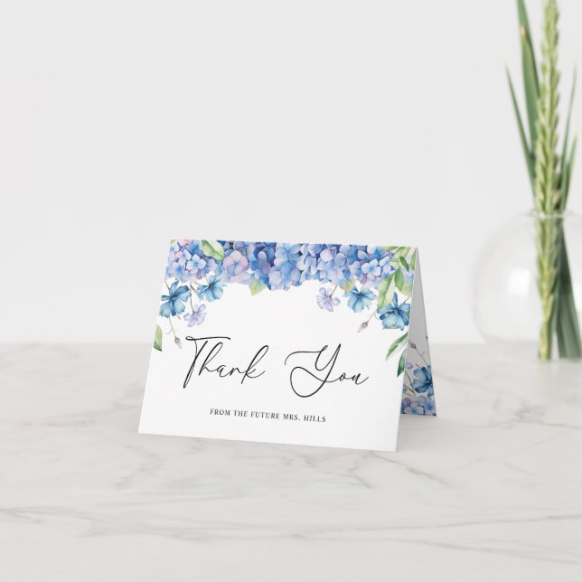 Tarjeta De Agradecimiento Chorro de Novia Floral de Hortensias Azules Modern (Anverso)