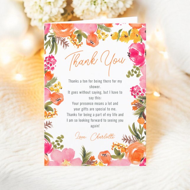 Tarjeta De Agradecimiento Chorro nupcial de escritura con flores naranjas au (Modern bold orange flowers script bridal shower thank you card)