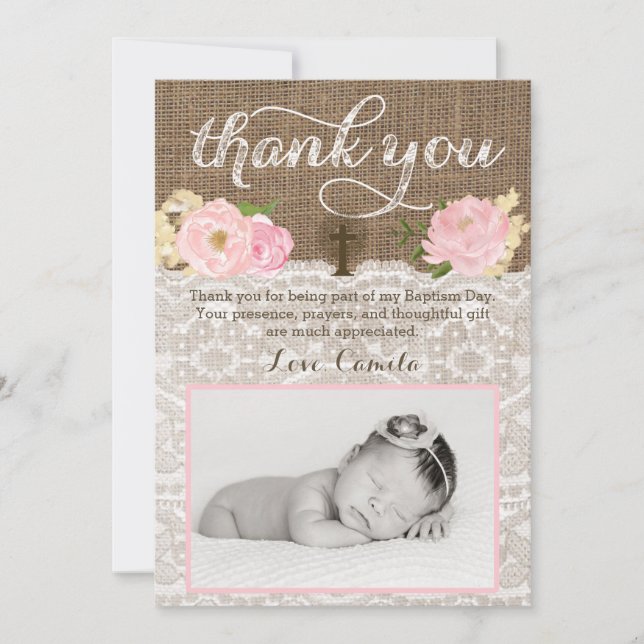 Tarjeta De Agradecimiento Christening o Baptism Rustic Photo Thank You Card (Anverso)