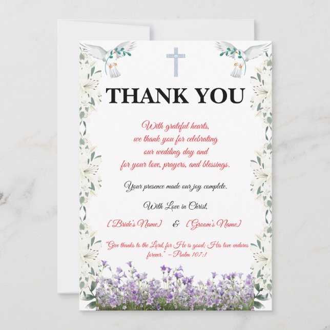 Tarjeta De Agradecimiento Christian Wedding Thank You Card with Cross (Anverso)