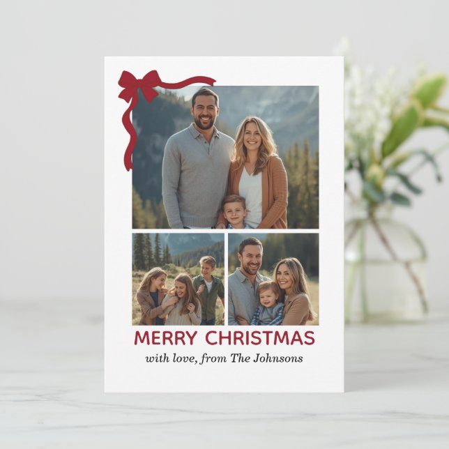 Tarjeta De Agradecimiento Christmas Card – Red Bow, 4 Photo, Personalized (Anverso de pie)