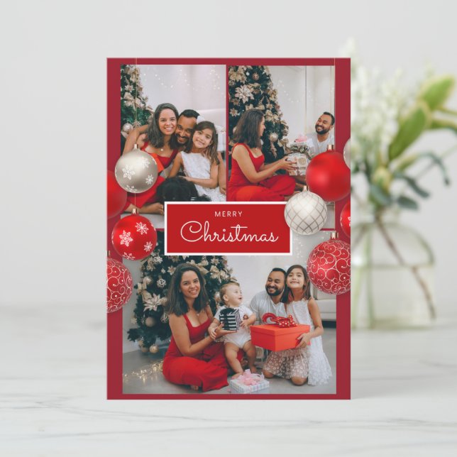 Tarjeta De Agradecimiento Christmas Card – Red Bow, 4 Photo, Personalized (Anverso de pie)