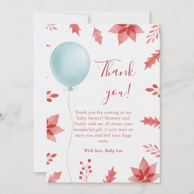 Tarjeta De Agradecimiento Christmas Festive Balloon Red Leaves Baby Shower (Anverso)