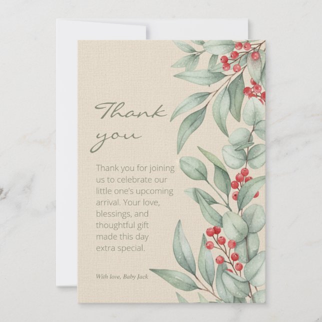 Tarjeta De Agradecimiento Christmas Greenery Berry Winter Baby Shower (Anverso)