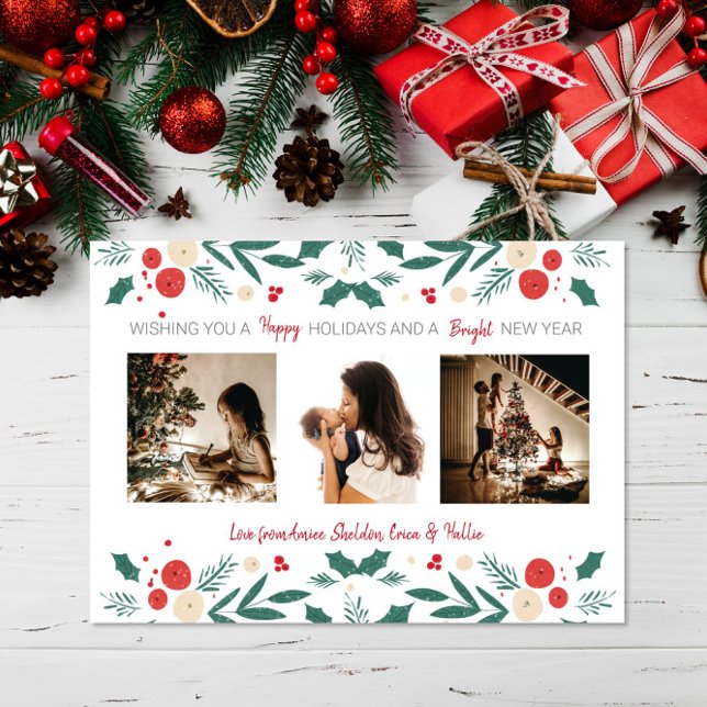 Tarjeta De Agradecimiento Christmas Holiday holly ivy berry 3 Photo gift (Subido por el creador)