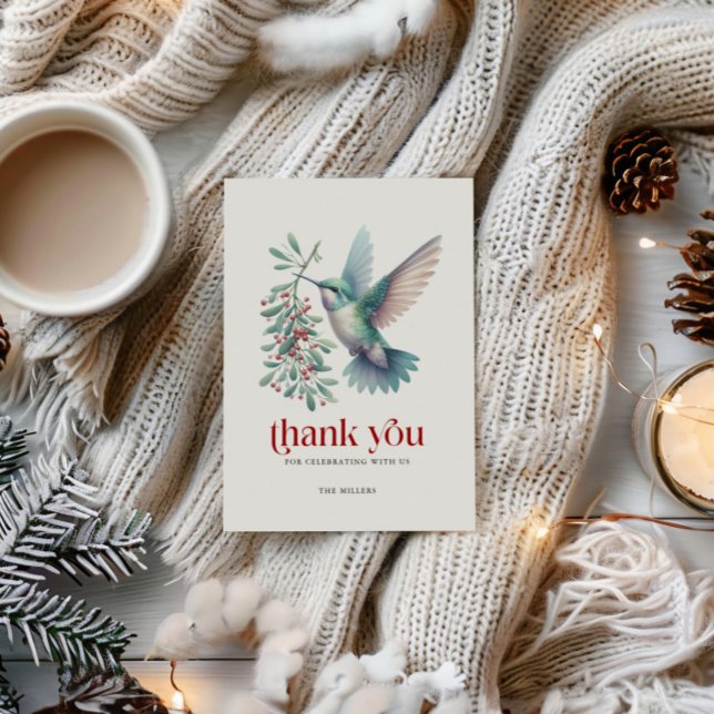 Tarjeta De Agradecimiento Christmas Holly Hummingbird Thank You Typography (Subido por el creador)
