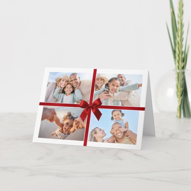 Tarjeta De Agradecimiento CHRISTMAS MULTI PHOTO modern gift red ribbon bow (Anverso)