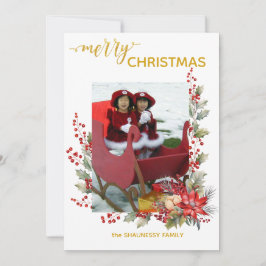 Tarjeta De Agradecimiento Christmas Photo Card Holly Berries & Pointsettias