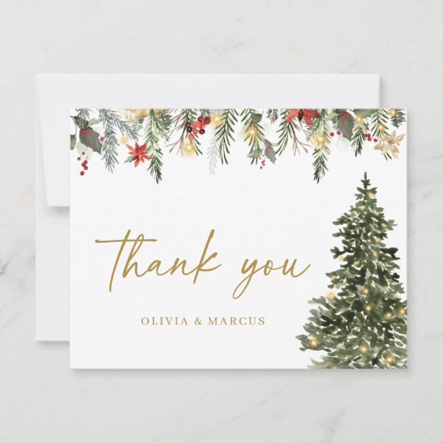 Tarjeta De Agradecimiento Christmas Tree Lights Winter Pine Wedding (Anverso)