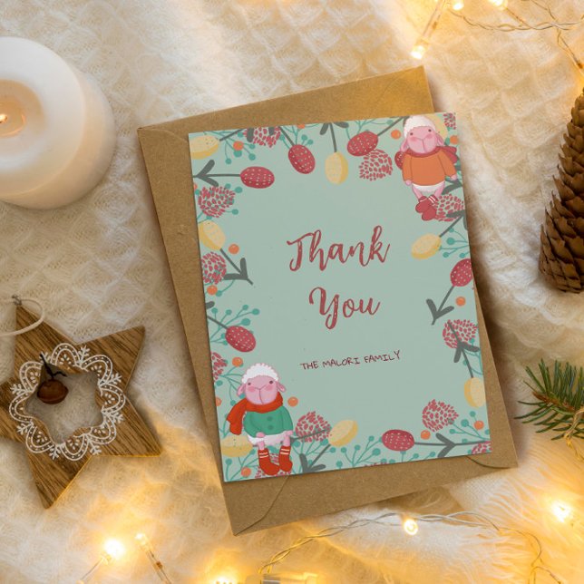 Tarjeta De Agradecimiento Christmas Winter Lamb Floral Border Illustration (Subido por el creador)