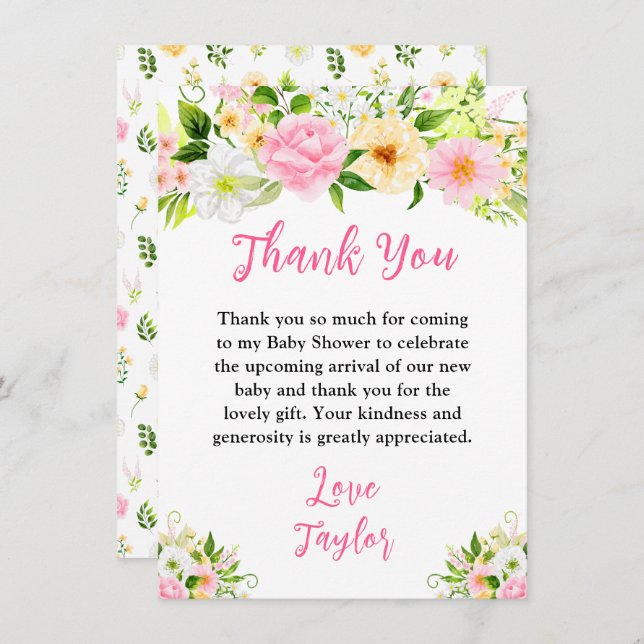 Tarjeta De Agradecimiento Chubasquero floral rosa y amarillo de verano (Anverso / Reverso)