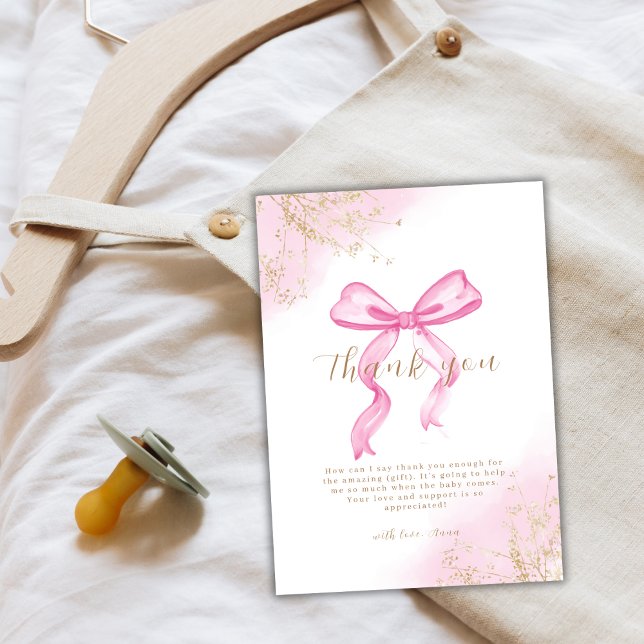Tarjeta De Agradecimiento Chupete de agua elegante moderno rosa para baby sh (Pink Modern Elegant Watercolor Bow Baby Shower Thank You Card)