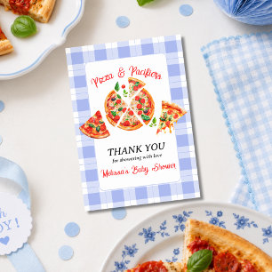 Tarjeta De Agradecimiento Chupete y Pizza Estampado de Cuadros Azules para N