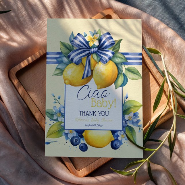 Tarjeta De Agradecimiento Ciao Baby Blue Bow Tile Lemon Baby Shower (Subido por el creador)