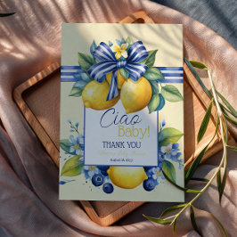 Tarjeta De Agradecimiento Ciao Baby Blue Bow Tile Limón Baby Shower