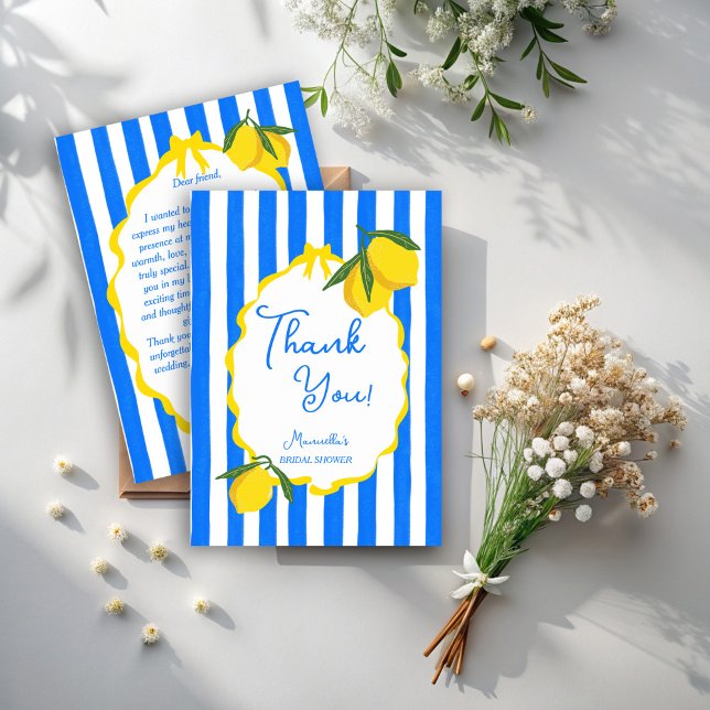Tarjeta De Agradecimiento Ciao bella rayas azules limones ducha de novia (Ciao bella blue stripes lemons wavy border Italian bridal shower thank you cards)