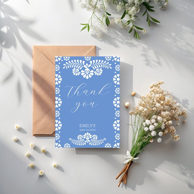 Tarjeta De Agradecimiento Cielito lindo ducha de bebé mexicano azul y polvor (Cielito lindo dusty blue Mexican baby shower Thank You Cards  fiesta papel picado thank you cards)