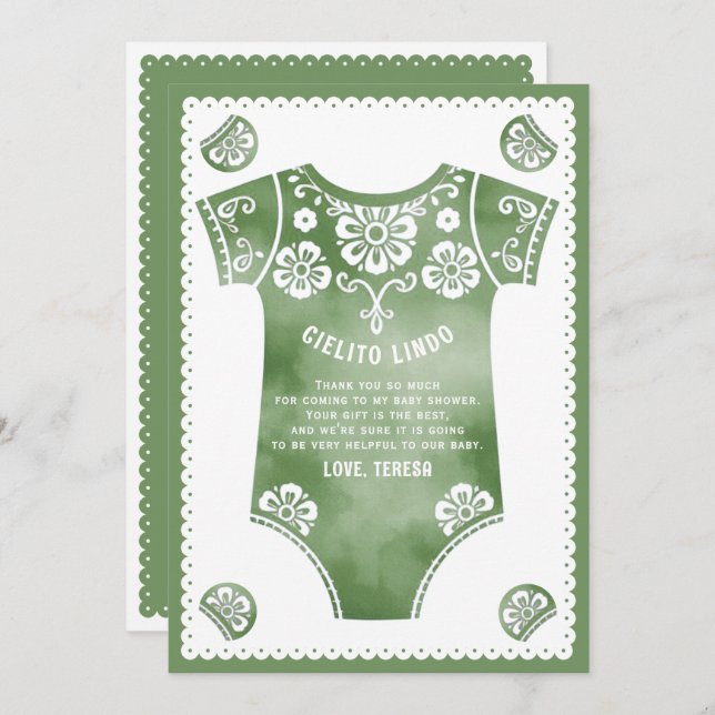 Tarjeta De Agradecimiento Cielito Lindo sage traje de cuerpo verde para bebé (Anverso / Reverso)