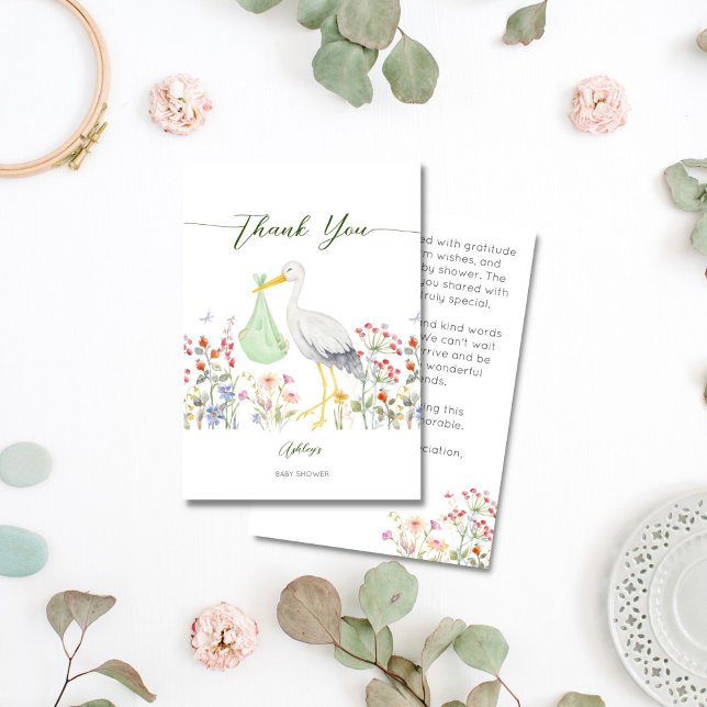 Tarjeta De Agradecimiento Cigüeña de entrega especial flores de primavera ba (Special delivery stork spring flowers traditional baby shower thank you cards)