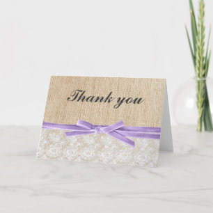 Tarjeta De Agradecimiento Cinta de lavanda de encaje de arpillera rústica Gr