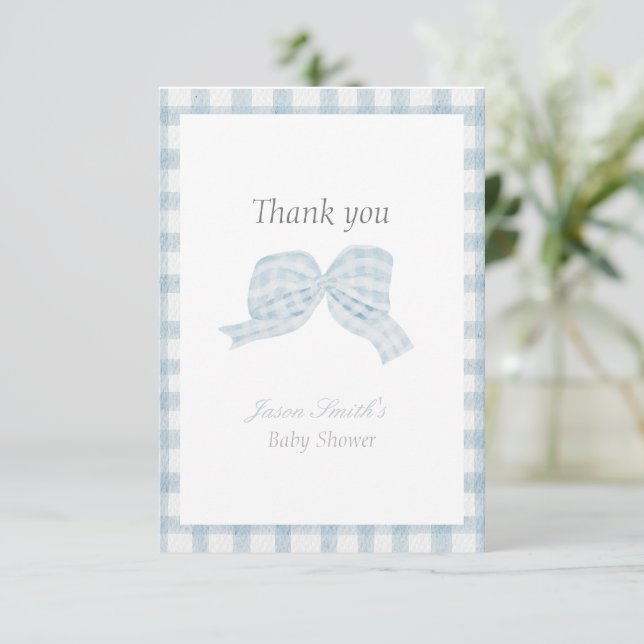 Tarjeta De Agradecimiento Cinta de lazo azul suave para bebé ducha (Anverso de pie)
