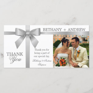 Tarjeta De Agradecimiento Cinta plateada y Boda blanco gracias