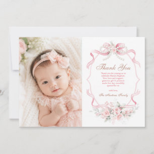 Tarjeta De Agradecimiento Cinta Rosa Flores Perla Bautizo