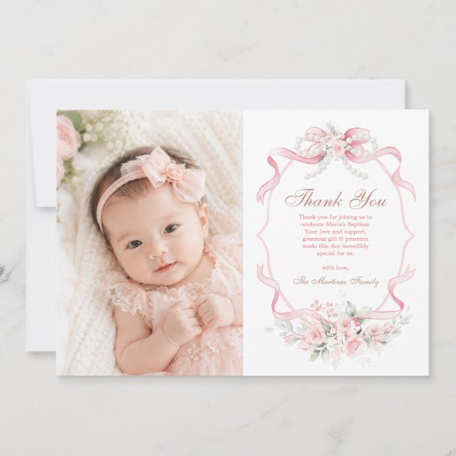 Tarjeta De Agradecimiento Cinta Rosa Flores Perla Bautizo (Anverso)