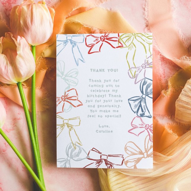 Tarjeta De Agradecimiento Cintas y arcos acuarela Cumpleaños Gracias (Ribbons and Bows birthday party Thank You card.)