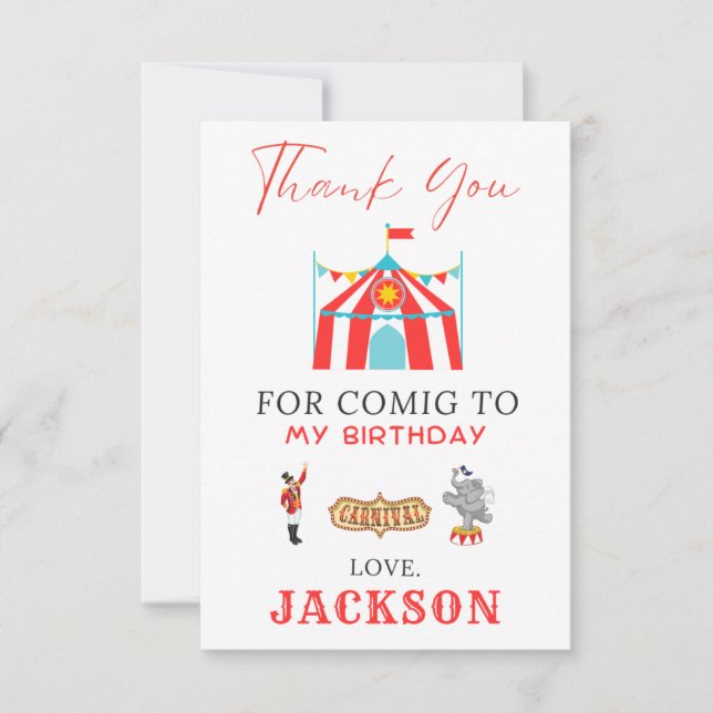 Tarjeta De Agradecimiento Circo de Carnaval Cumpleaños (Anverso)