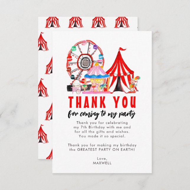 Tarjeta De Agradecimiento Circo de Carnaval Globo Festival Cumpleaños (Anverso / Reverso)