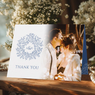 Tarjeta De Agradecimiento Círculo de hojas monograma fotos de boda azules