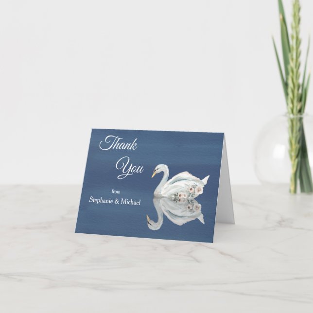 Tarjeta De Agradecimiento Cisne floral blanca en Boda azul (Anverso)
