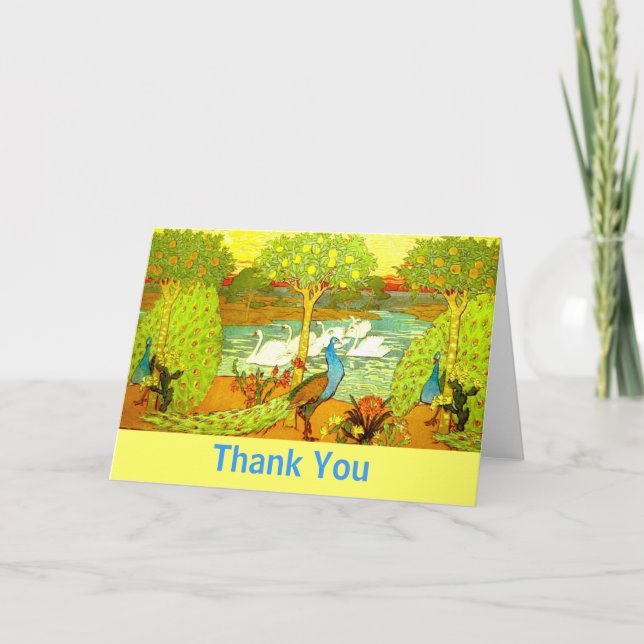 Tarjeta De Agradecimiento Cisnes y Pavos Reales Art Nouveau (Anverso)