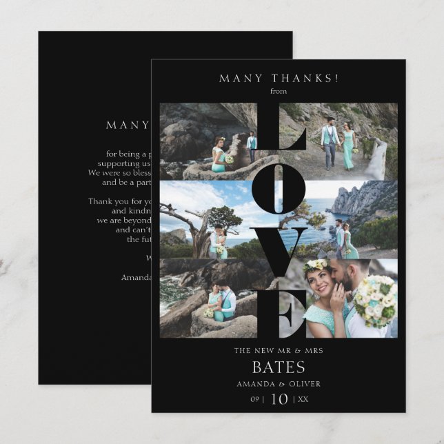 Tarjeta De Agradecimiento Cita de amor Boda de Collage Black Trendy 6 Fotos (Anverso / Reverso)