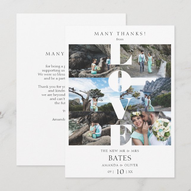 Tarjeta De Agradecimiento Cita de amor Boda de Collage White Trendy 6 Fotos (Anverso / Reverso)