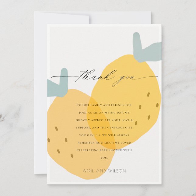 Tarjeta De Agradecimiento Citrus de limón amarillo lindo Baby Shower brillan (Anverso)