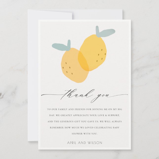 Tarjeta De Agradecimiento Citrus de limón amarillo lindo Baby Shower brillan (Anverso)