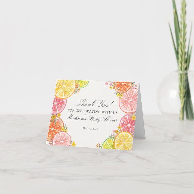 Tarjeta De Agradecimiento Citrus Floral Little Cutie Baby Shower Gracias (Anverso)