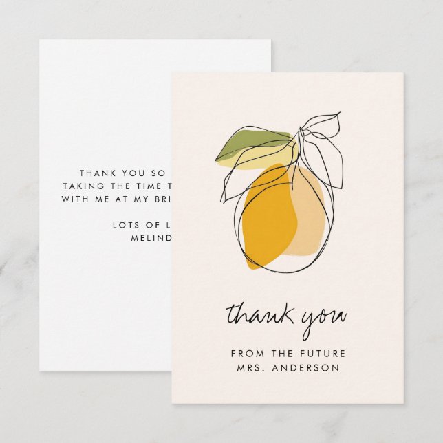 Tarjeta De Agradecimiento Citrus Lemon Modern Line Drawing Bridal Shower (Anverso / Reverso)