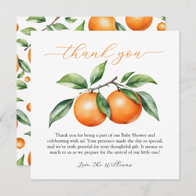 Tarjeta De Agradecimiento Citrus Naranja Baby Shower (Anverso / Reverso)