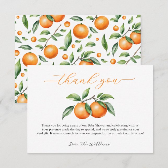 Tarjeta De Agradecimiento Citrus Naranja Baby Shower (Anverso / Reverso)
