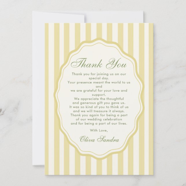Tarjeta De Agradecimiento Citrus Yellow Elegant Stripe Wedding (Anverso)