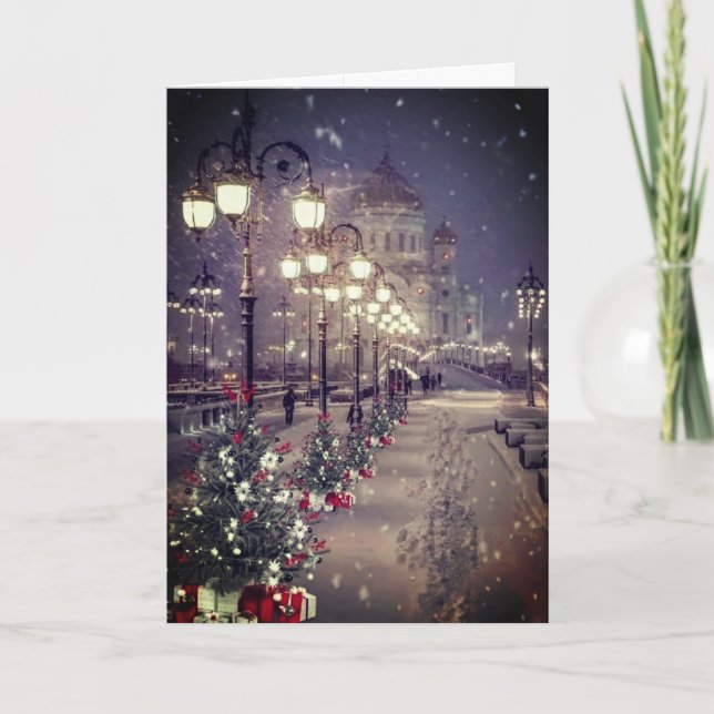 Tarjeta De Agradecimiento City, snow, lights, all lite up by street lights.. (Anverso)