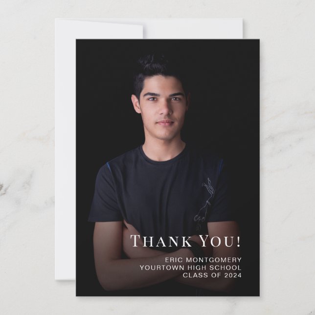 Tarjeta De Agradecimiento Clase Negra de Graduación 2024 Gracias Foto (Anverso)