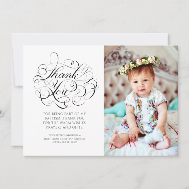Tarjeta De Agradecimiento Clásica caligrafía Foto Bautismo Gracias (Anverso)