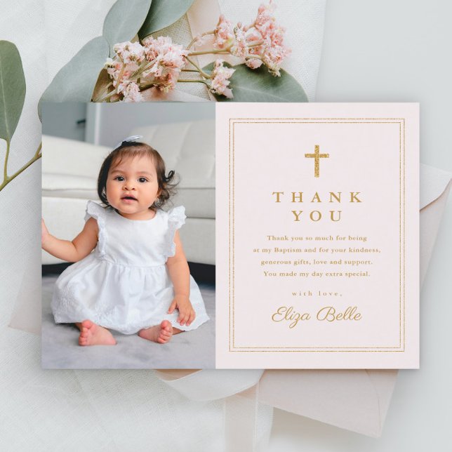 Tarjeta De Agradecimiento Clásica Cruz de Oro Fotos Religiosas Bautismo (Simple girls photo baptism thank you card with gold cross.)