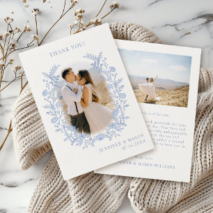 Tarjeta De Agradecimiento Clásica foto de boda Bohemian Blue Wildflower