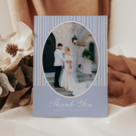 Tarjeta De Agradecimiento Clásica Foto de Boda con Rayas Azules y Letra Scri